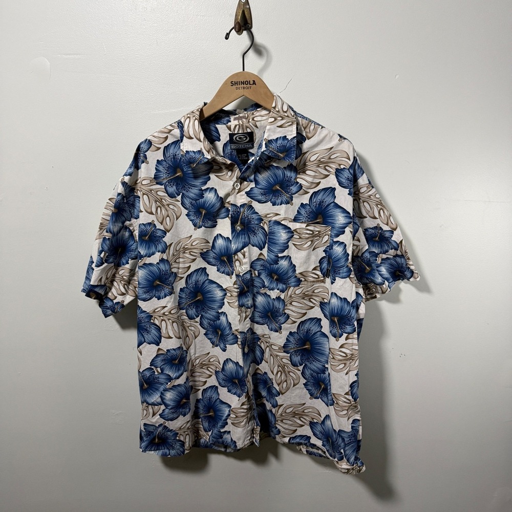 Gotcha Vintage Y2K Skate Surf Hawaiian Shirt XL Blue Hibiscus Floral Cotton